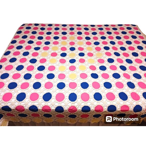 VTG Hand Crochet & Colorful Mod Circles Handmade Bedspread Coverlet BOHO 88X112 - Picture 6 of 6
